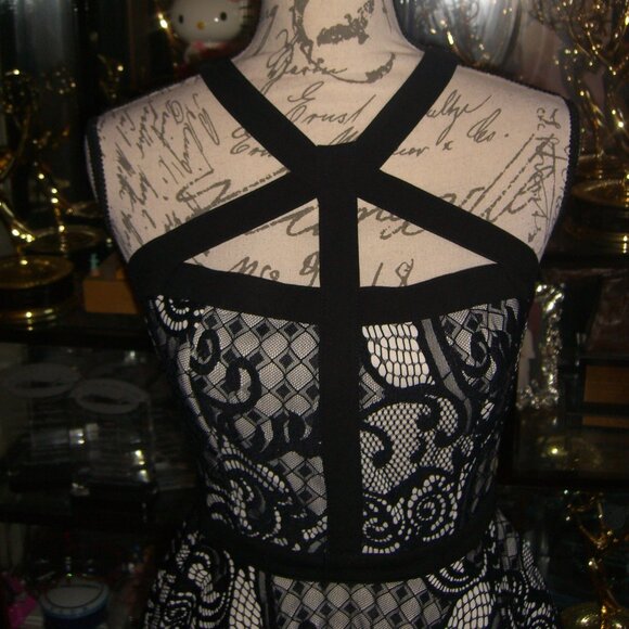 NWT BEBE BLACK LACE OVERLAY HALTER HANDKERCHIEF PEPLUM TOP S - Picture 5 of 6